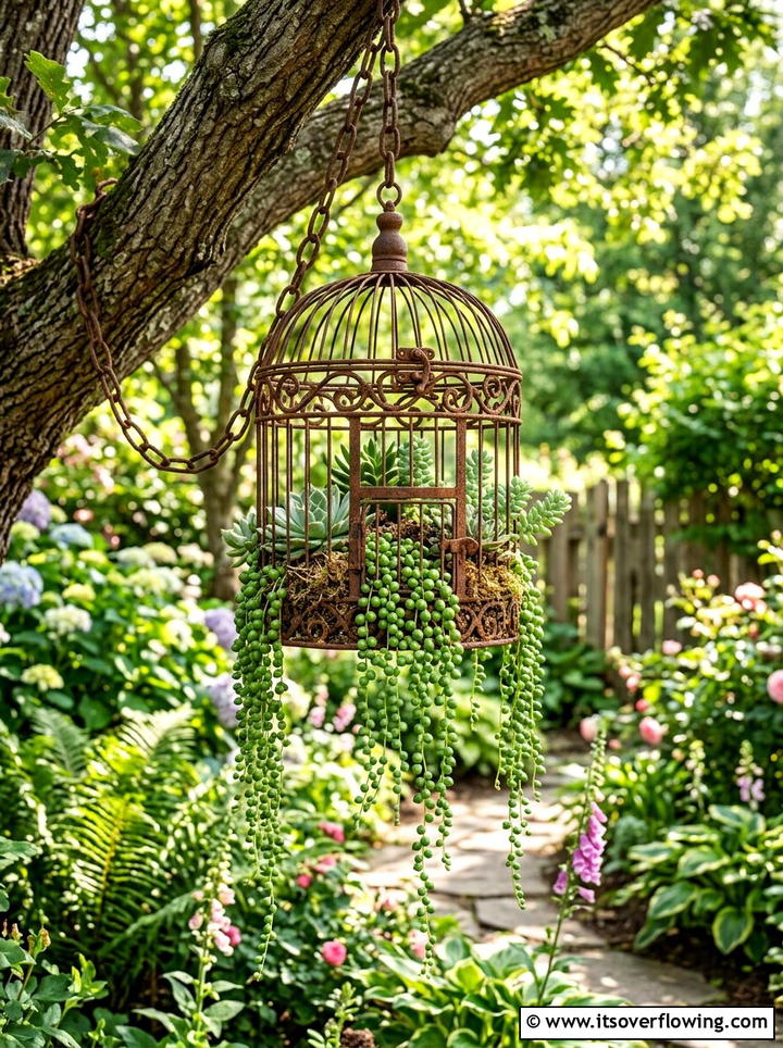 Metal Birdcage Succulent Planter - 25 upcycled garden ideas with coastal style