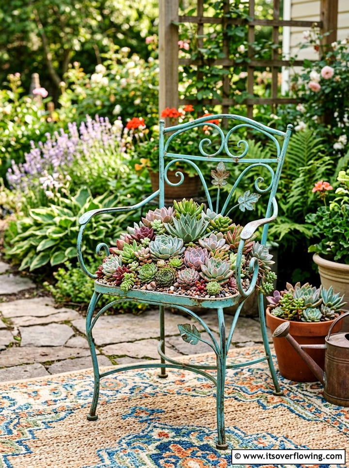 Metal Chair Planter - 25 upcycled garden ideas with succulent planters