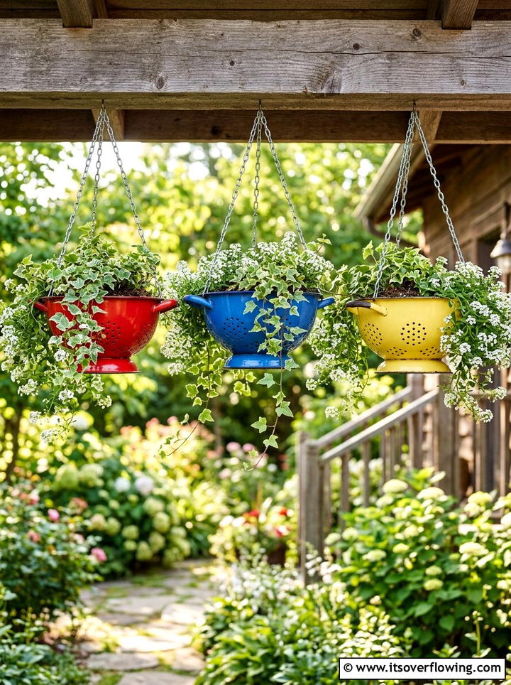 Metal Colander Flower Pot - 25 backyard ideas with upcycled decor