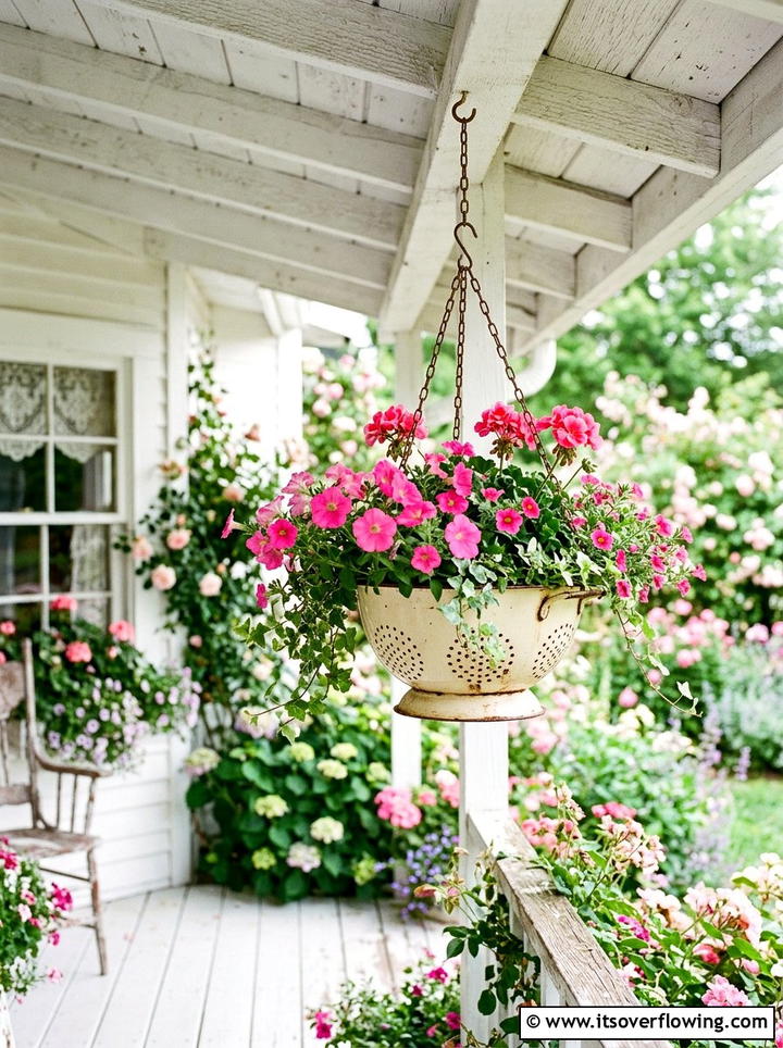 Metal Colander Hanging Planter - 25 upcycled garden ideas for urban gardens