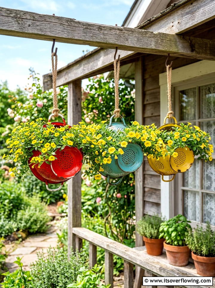 Metal Colander Hanging - 25 backyard ideas with vintage planters