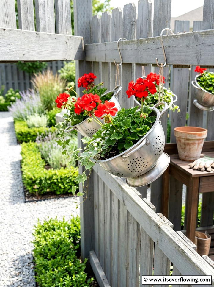 Metal Colander Planter - 25 reusing old things ideas for fence decor