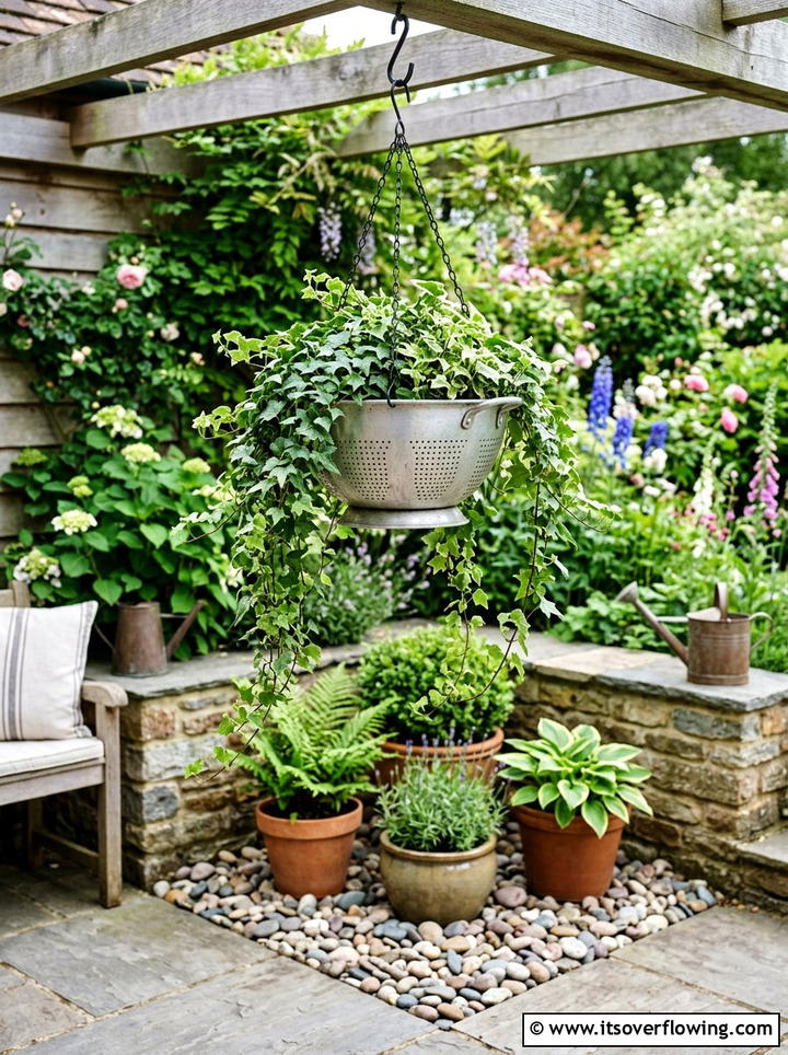 Metal Colander Planter - 25 recycled garden ideas with pebbles