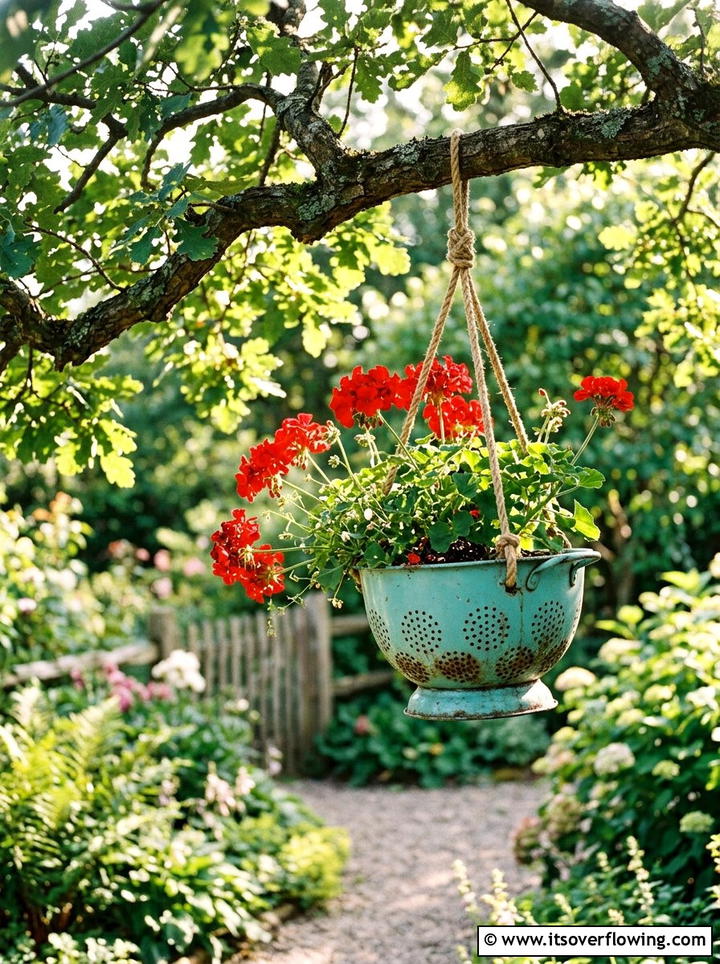 Metal Colander Self Watering Planter - 25 recycled garden ideas with self watering planters