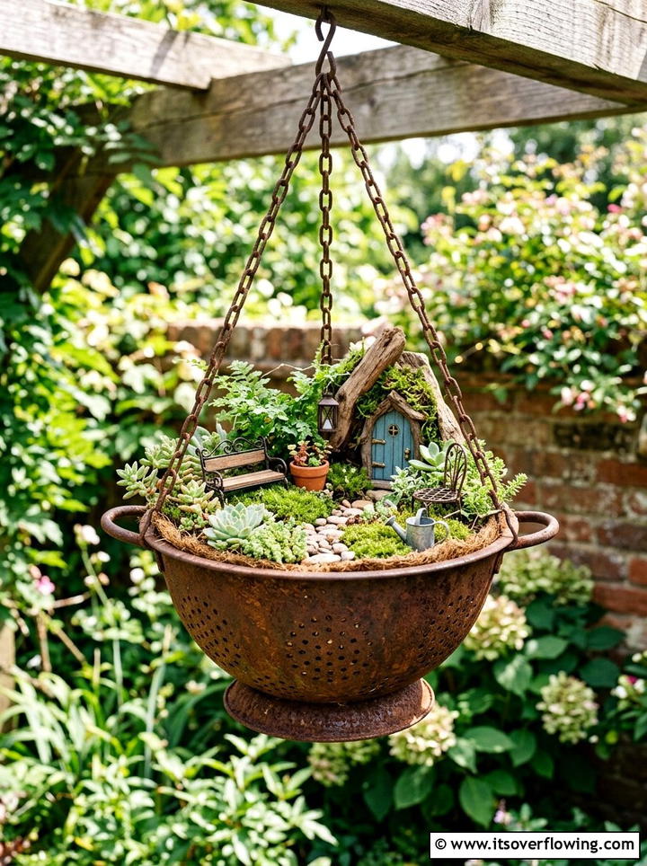 Metal Colander - 25 upcycled garden ideas with fairy gardens