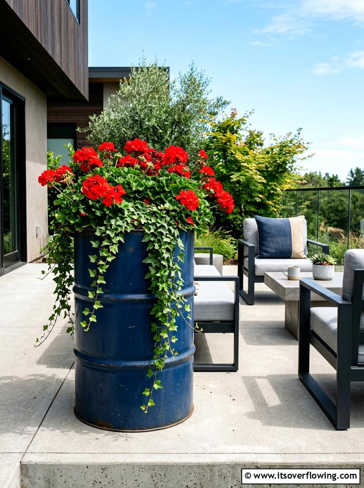 Metal Drum Flower Pot - 25 recycled garden ideas with recycled metal art