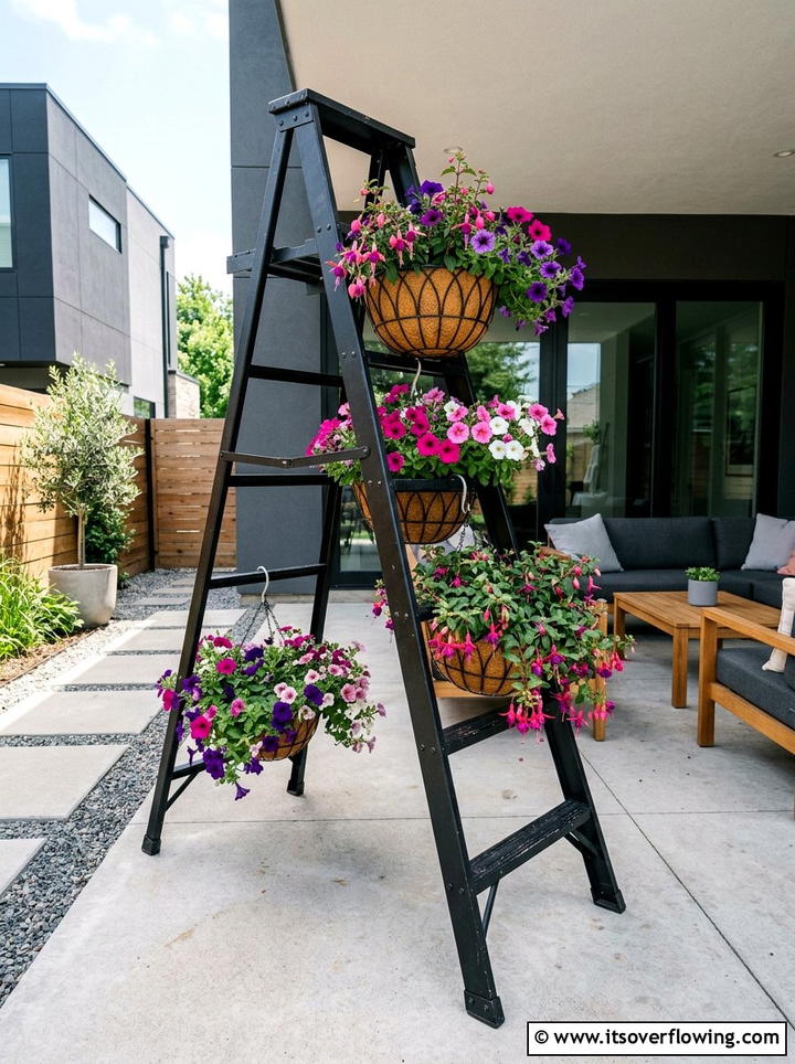 Metal Ladder Hanging Baskets - 25 garden decor ideas with floral ladders