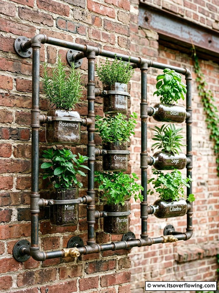 Metal Pipe Bottle Planter - 25 recycled garden ideas with hanging bottle planters