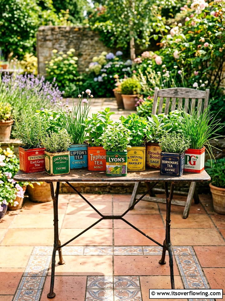 Metal Tea Tin Planter - 25 upcycled garden ideas with herb planters
