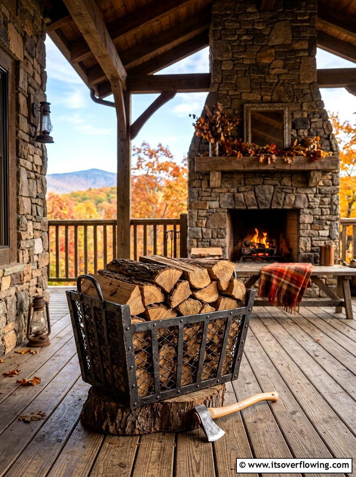 Metal basket firewood storage - 25 front porch decor ideas with baskets