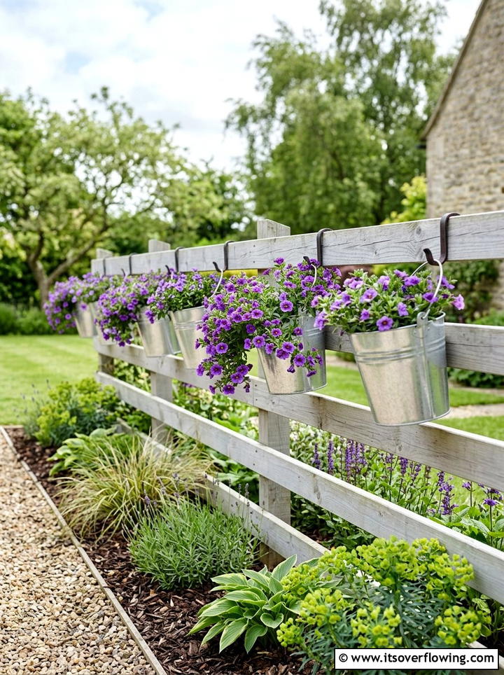 Metal bucket fence planter - 25 upcycled garden ideas with old buckets