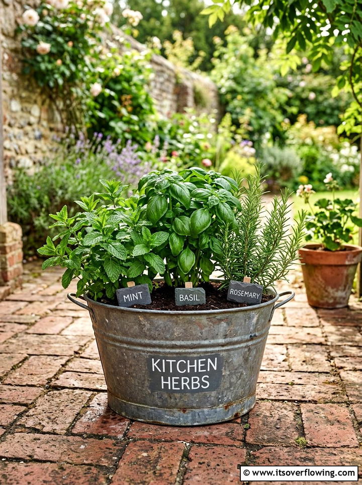 Metal bucket herb garden - 25 upcycled garden ideas with old tubs
