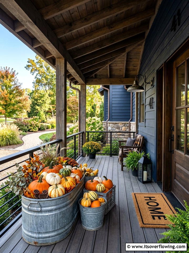 Metal bucket pumpkin porch - 25 front porch ideas with pumpkins