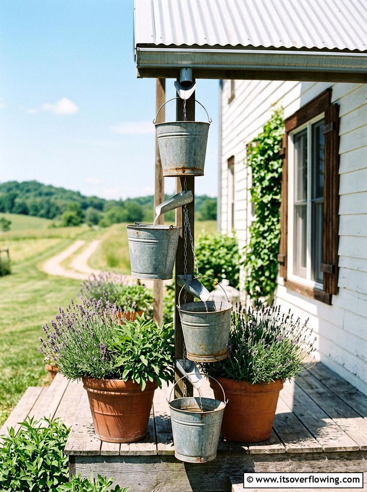 Metal bucket water harvester - 25 recycled garden ideas with rainwater collection