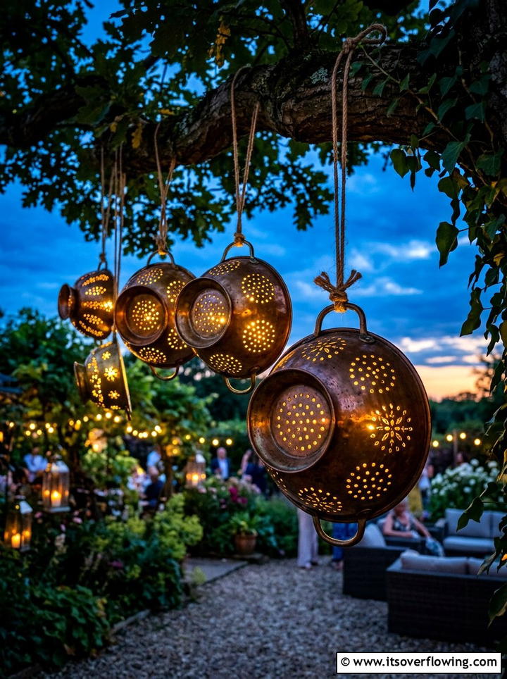 Metal colander garden lights - 25 reusing old things ideas for boho garden look