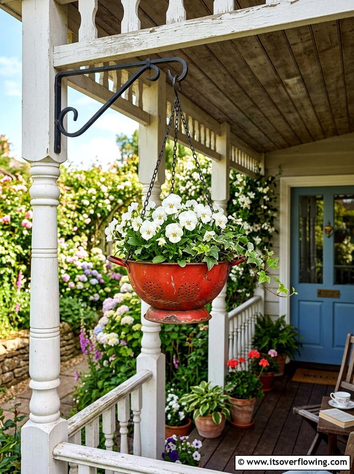Metal colander hanging basket - 25 upcycled garden ideas on a budget
