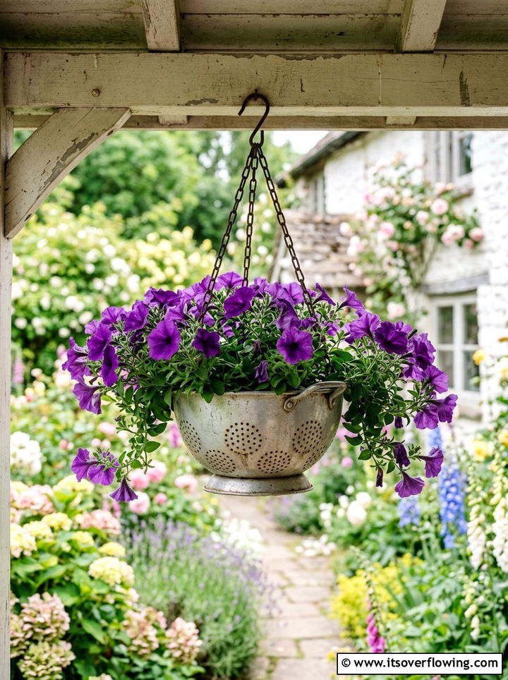 Metal colander hanging basket - 25 upcycled garden ideas with vertical gardens