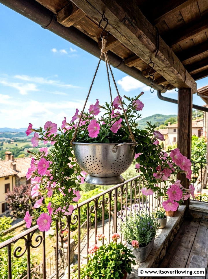 Metal colander hanging basket - 25 upcycled garden ideas for balconies