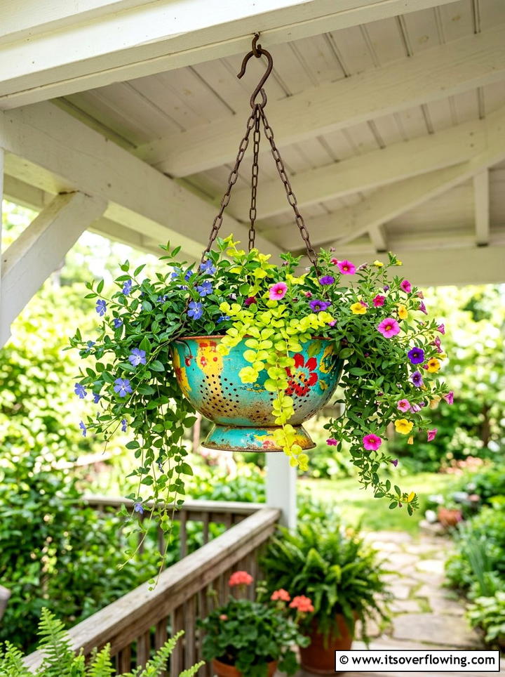 Metal colander hanging planter - 25 upcycled garden ideas with watering stations