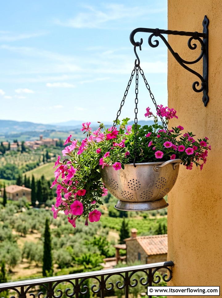 Metal colander planter - 25 reusing old things ideas for vertical garden