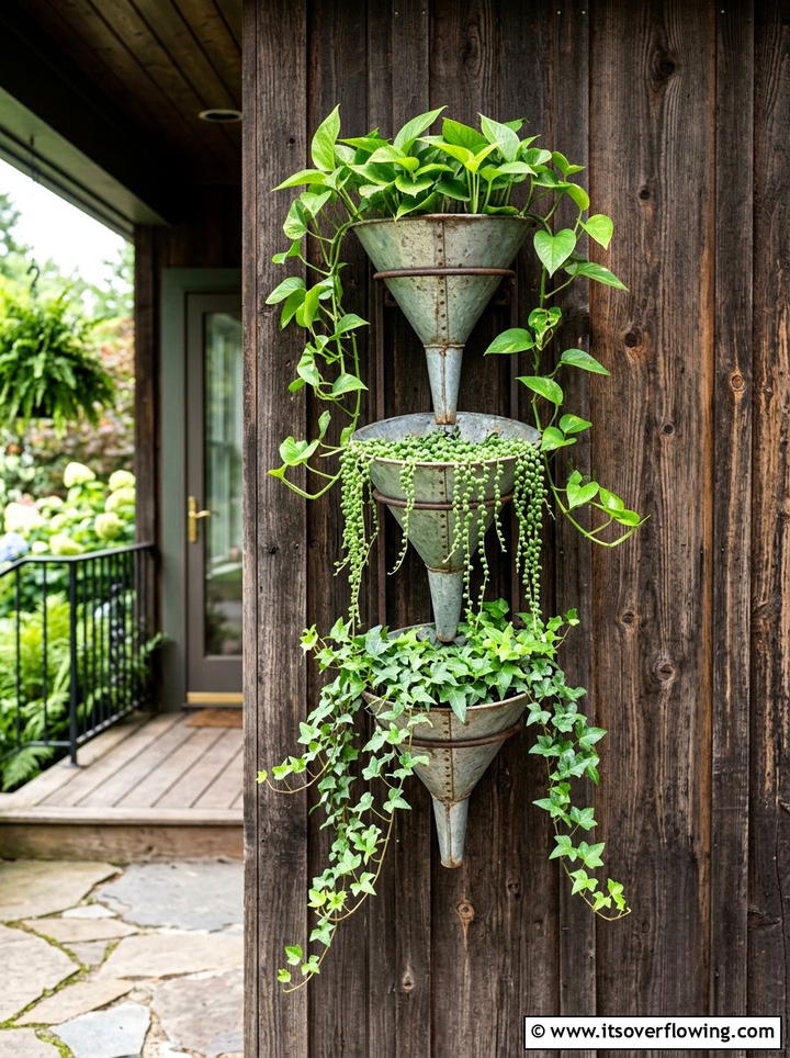 Metal funnel planter - 25 recycled garden ideas for porch decor