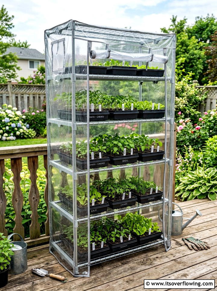Metal greenhouse rack - 25 recycled garden ideas with old shelves
