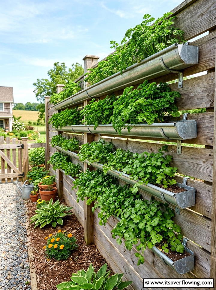 Metal gutter herb wall - 25 garden ideas with rain gutters