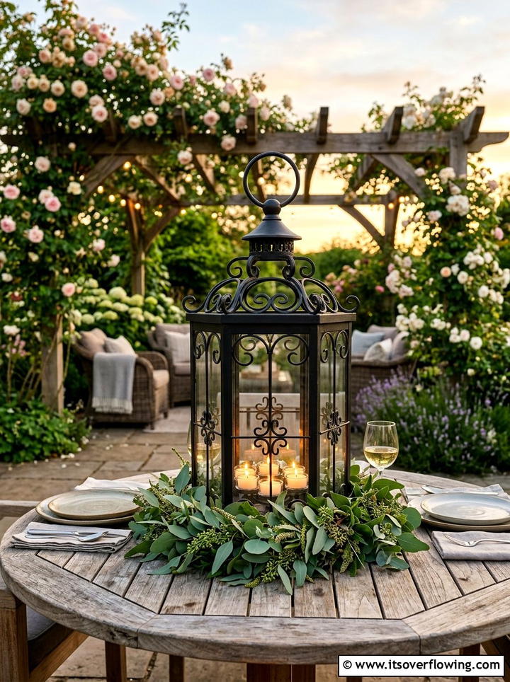 Metal lantern centerpiece for garden table - 25 garden decor ideas with tea lights
