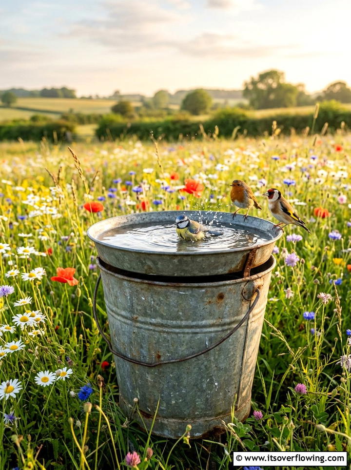 Metal pail bird bath - 25 upcycled garden ideas with old buckets