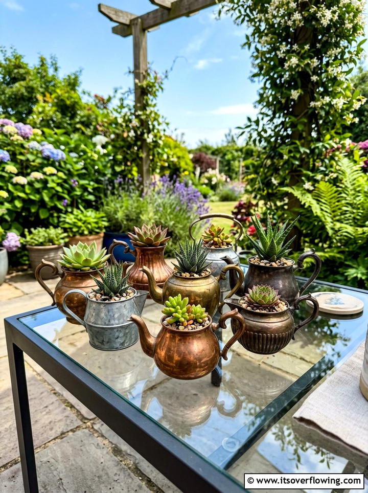 Metal tea pot planter - 25 reusing old things ideas for modern garden look