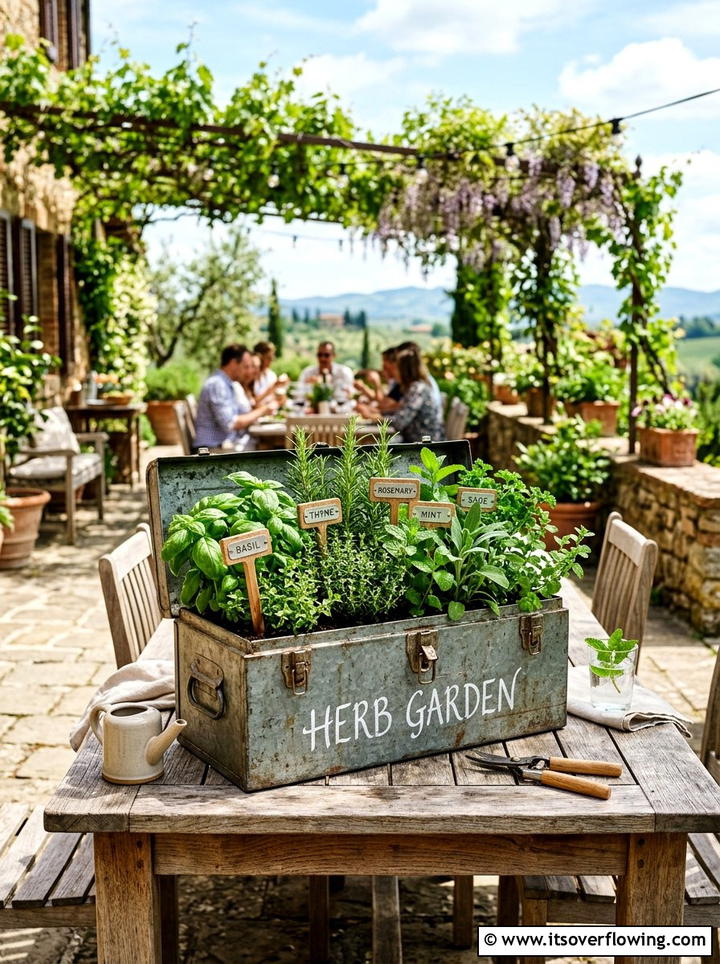 Metal toolbox herb garden - 25 upcycled garden ideas with watering stations