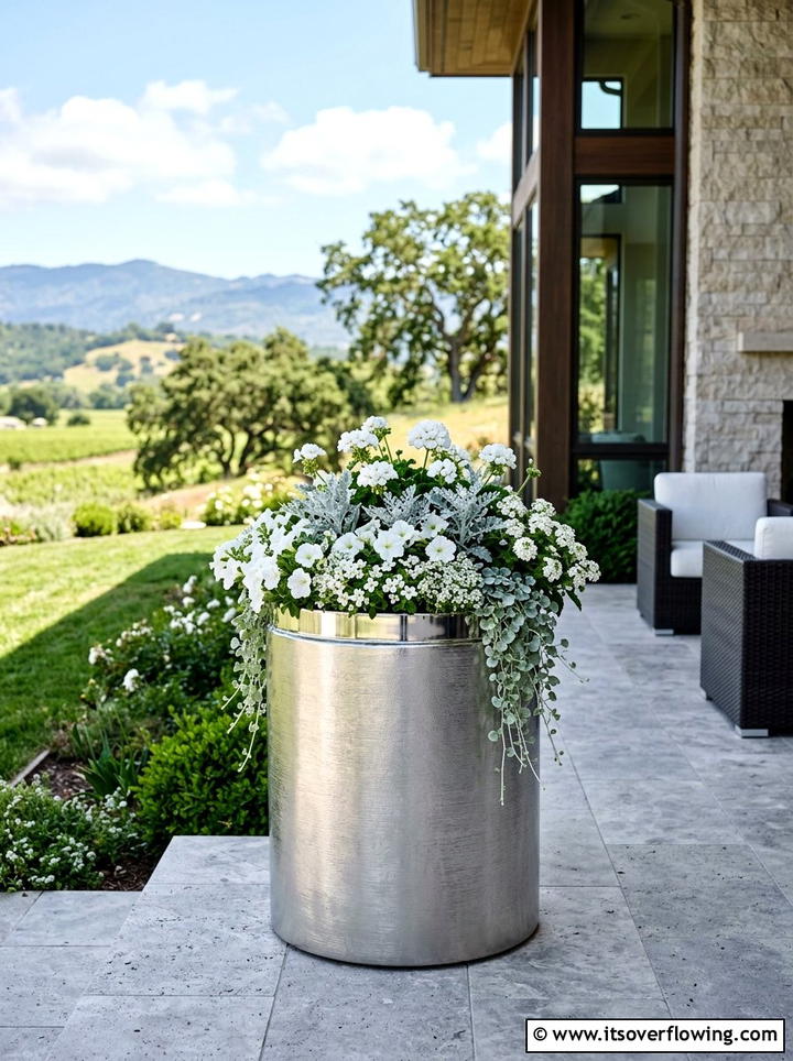 Metallic silver porch planter - 25 front porch ideas with painted pots