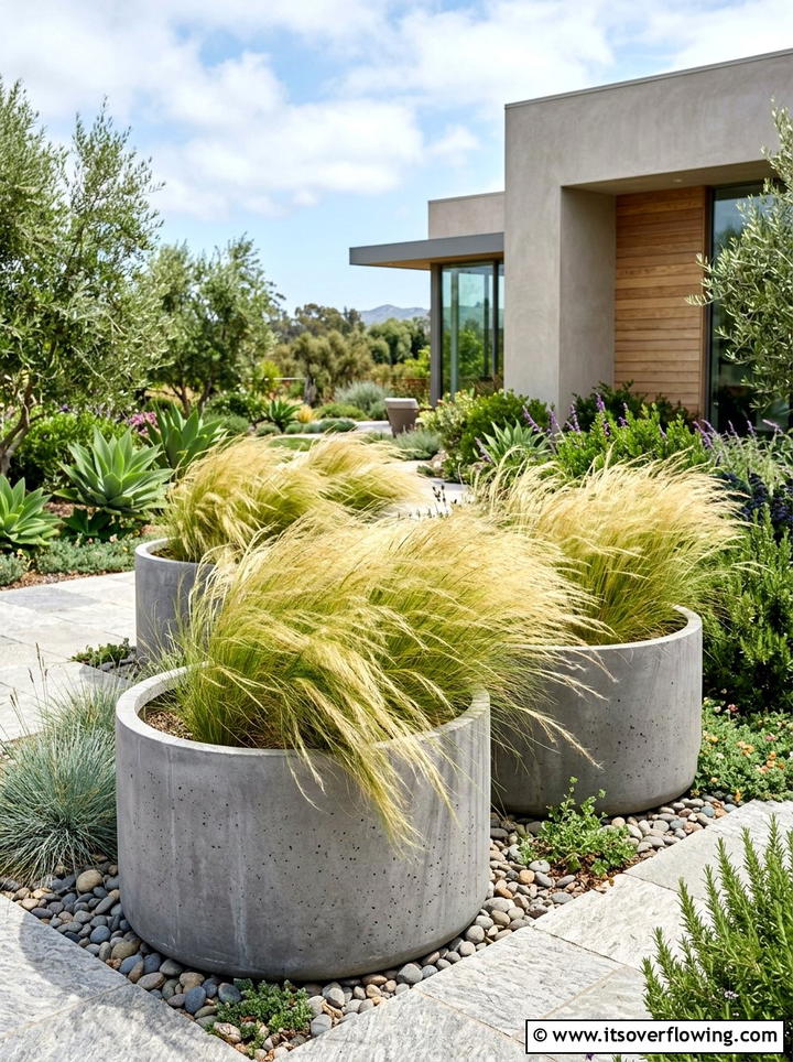 Mexican Feather Grass In Contemporary Tubs - 25 front porch ideas with drought tolerant plants