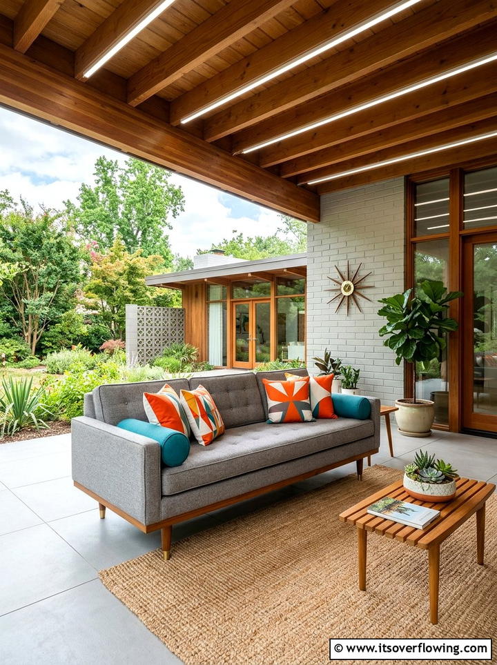 Mid century modern outdoor sofa with bolsters - 25 front porch decor ideas with pillows