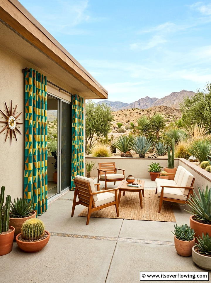 Mid century modern patio with geometric curtains - 25 backyard decorating ideas with outdoor curtains