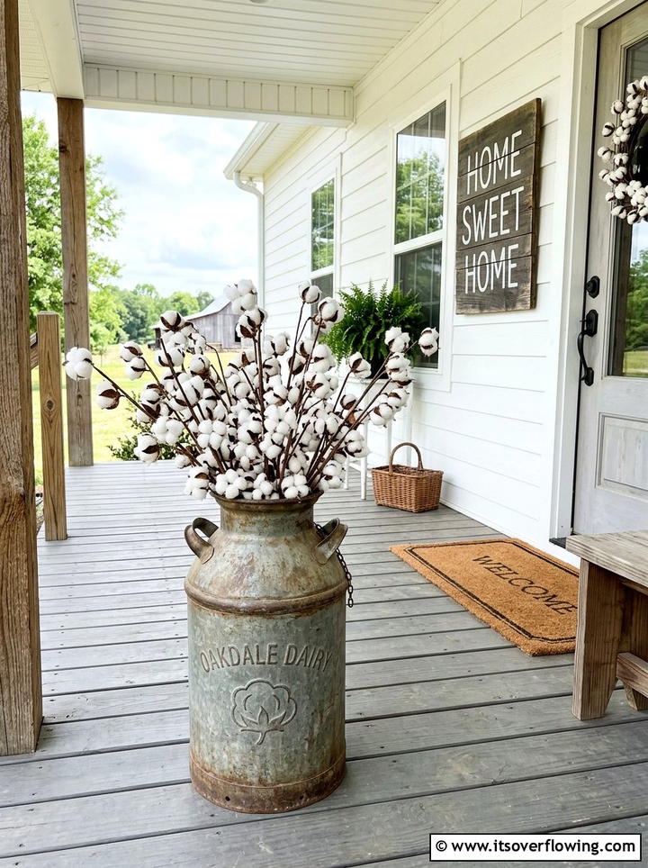 Milk Can With Cotton Stems - 25 front porch decor ideas with old milk cans