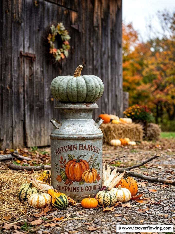 Milk Can With Pumpkins - 25 front porch decor ideas with old milk cans