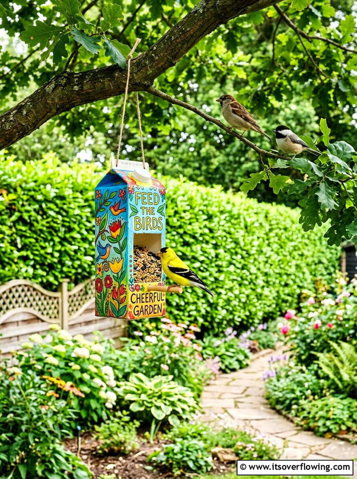 Milk Carton Bird Feeder - 25 recycled garden ideas diy