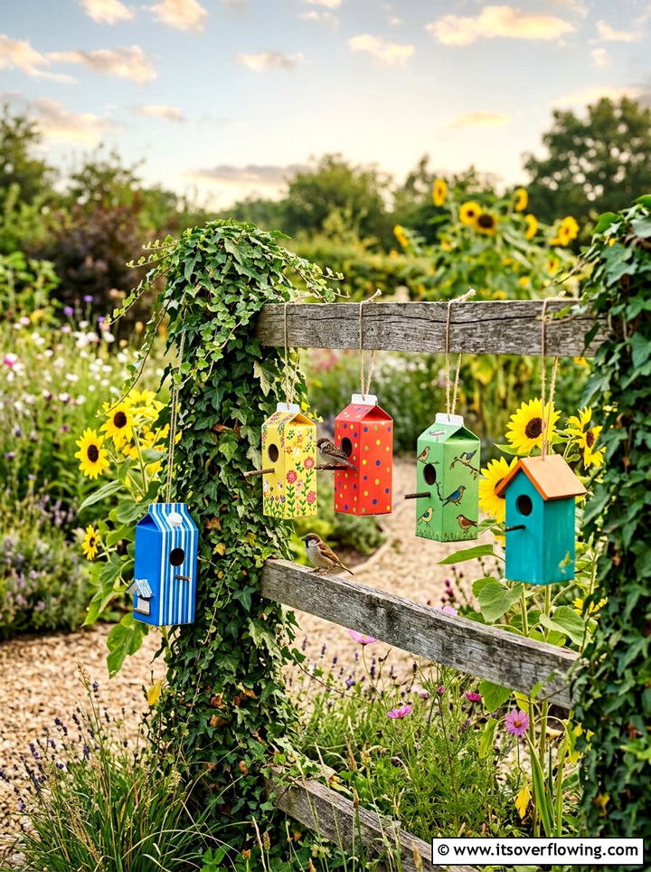 Milk Carton Birdhouse Station - 25 recycled garden ideas for kids