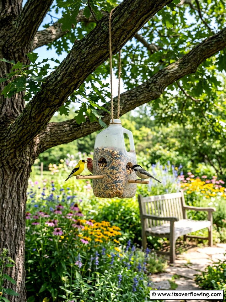 Milk Jug Bird Feeder - 25 recycled garden ideas with milk jugs