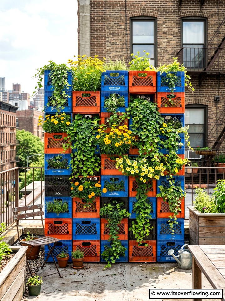 Milk crate garden wall - 25 garden decor ideas with floral displays