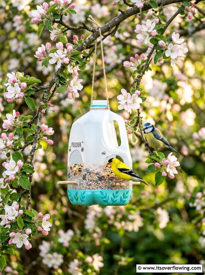 Milk jug bird feeder - 25 recycled garden ideas with recycled plastic projects