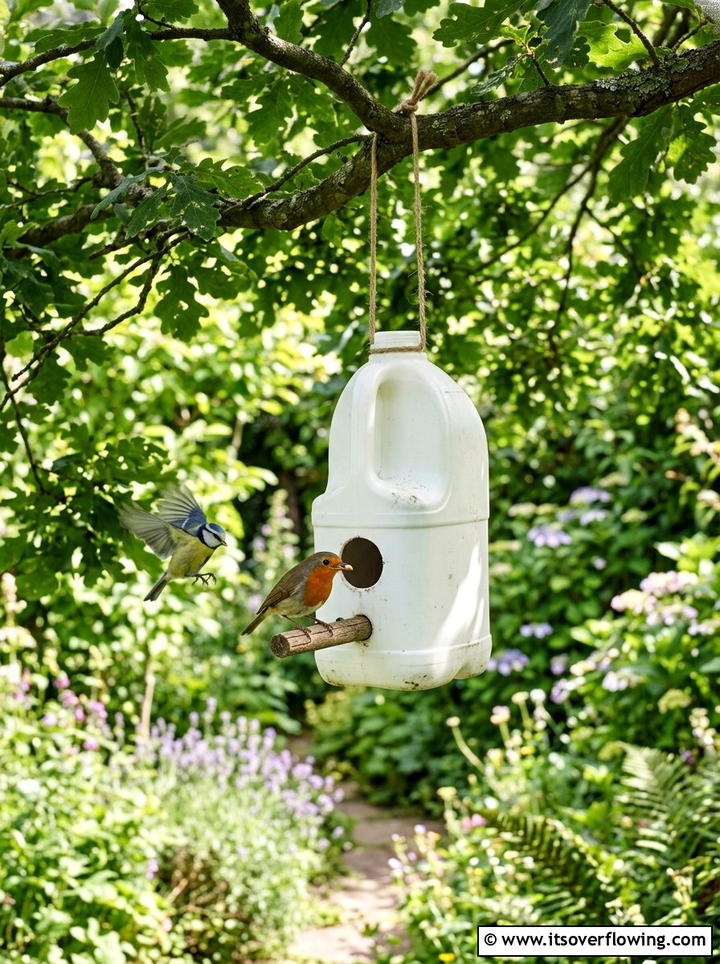 Milk jug bird house - 25 recycled garden ideas for school projects