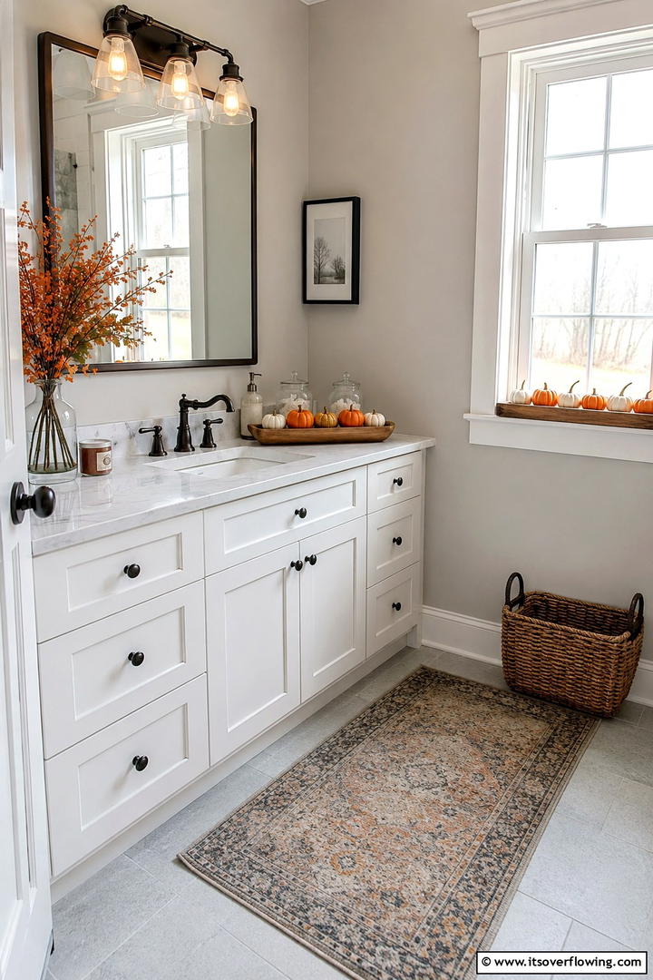 Mini Pumpkin Displays - 50 Fall Bathroom Decor Ideas Roundup- Timeless Tips