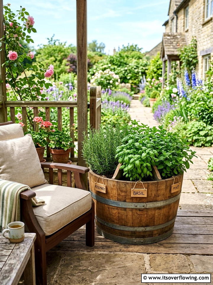 Mini herb garden on porch - 25 front porch ideas with barrel planters