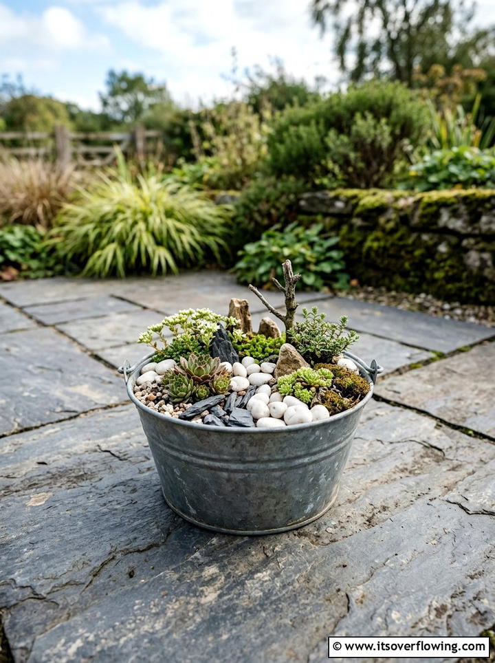 Miniature Bucket Rock Garden - 25 recycled garden ideas with buckets