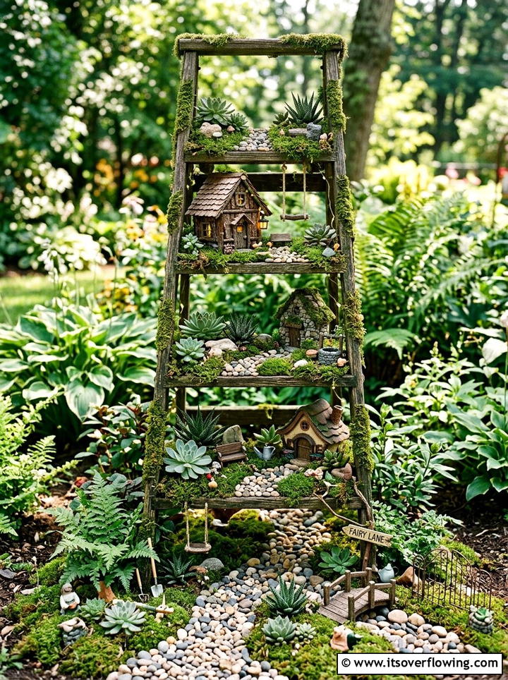Miniature Fairy Garden - 25 upcycled garden ideas with old ladders
