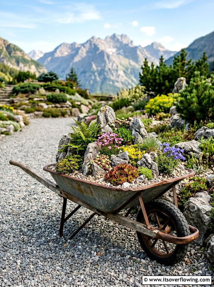 Miniature Rock Garden Wheelbarrow - 25 garden decor ideas with wheelbarrows