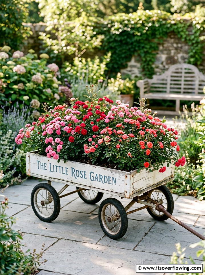 Miniature Rose Bush Wagon - 25 upcycled garden ideas with old wagons