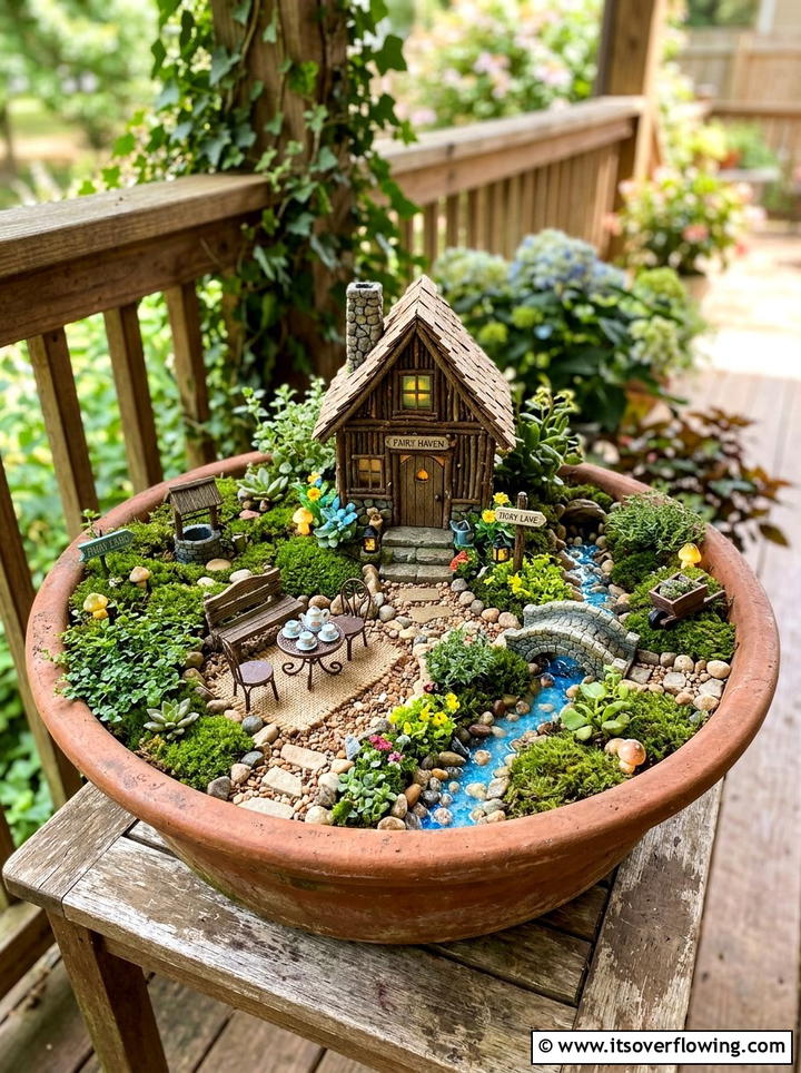 Miniature terracotta fairy garden - 25 front porch ideas with terracotta pots